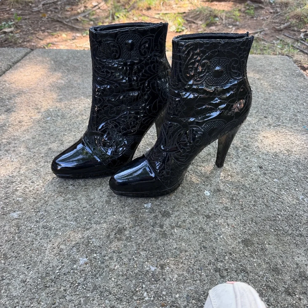 Women's Black Embossed Patent Ankle Booties with High Heel